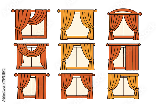 Set of various window curtains and drapery styles displayed on interior frames