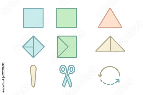 Simple icons for folding, cutting, and rotation actions used in crafting and DIY projects