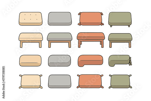 Sixteen styles of cushioned seating furniture including ottomans benches and poufs
