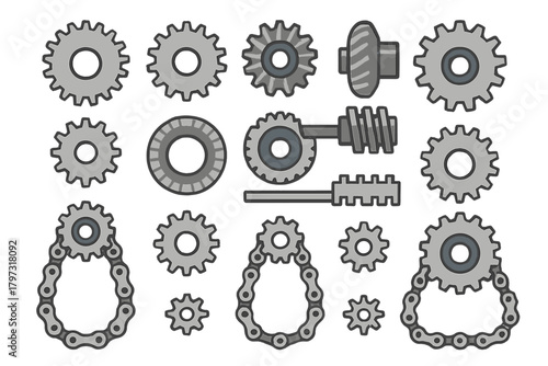 Collection of mechanical transmission components including gears, sprockets, and chains