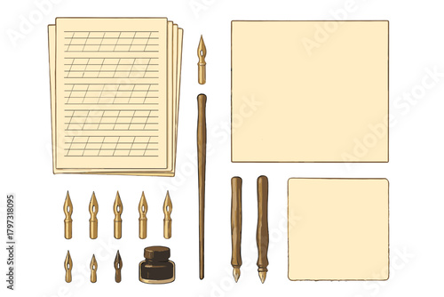 Vintage calligraphy and writing supplies set including dip pens, various nibs, inkwell, and aged paper sheets