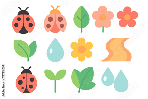 Collection of simple flat design icons featuring spring nature elements, flowers, leaves, ladybugs, and water droplets