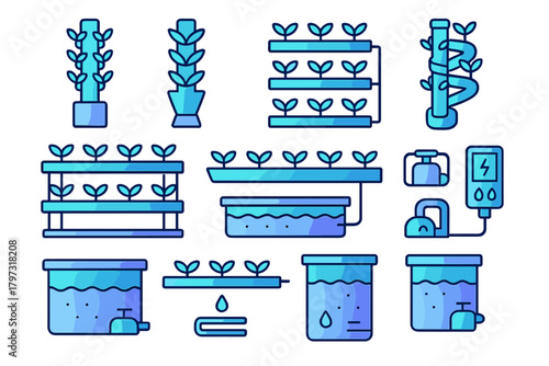 Gradient icons set showing hydroponic growing methods and soilless cultivation technology