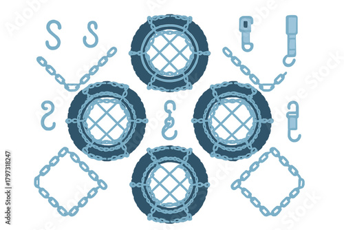 Automobile tires fitted with snow chains and components for winter road safety