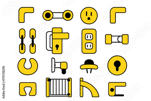 Yellow and black icons representing construction, safety, and electrical components