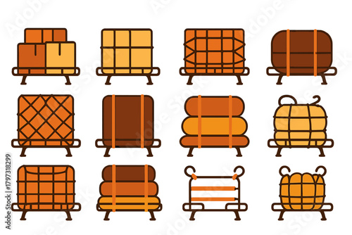 Collection of twelve stylized icons depicting secured freight and baggage on transport pallets