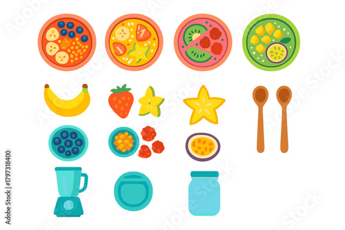 Colorful healthy smoothie bowls with fresh fruit toppings and ingredients for breakfast preparation