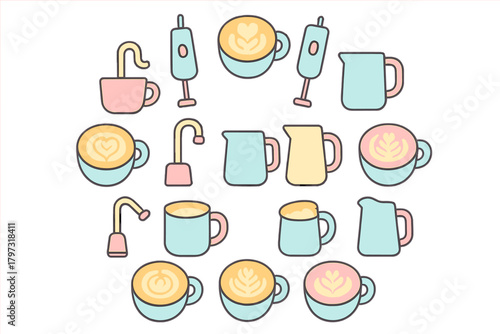Pastel coffee cups, milk pitchers, and frothing tools arranged in a circular pattern
