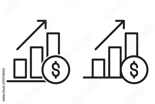 Two simple line art icons showing a financial graph with an upward trend and a dollar sign