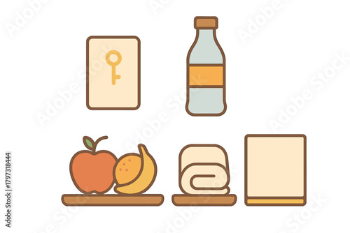 Simple flat design icons representing hotel and travel amenities like key card, bottle, fruit, and towel