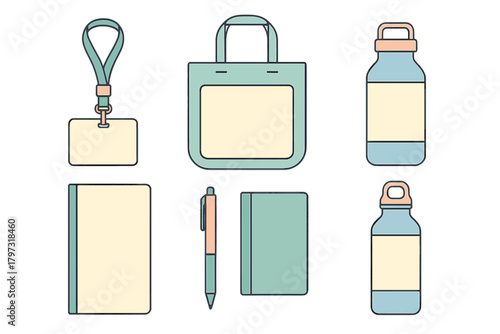 Customizable corporate merchandise set with tote bag, water bottle, notebook, pen, and ID badge holder in minimalist style
