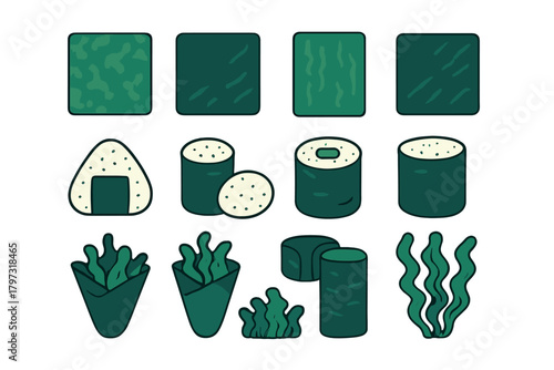 Nori seaweed sheets and Japanese food preparations including sushi rolls and onigiri
