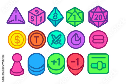 Vibrant collection of tabletop game components featuring polyhedral dice, currency, and status tokens