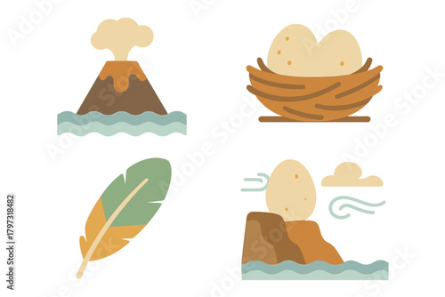 Prehistoric and nature symbols: erupting volcano, bird nest with eggs, single feather, and egg on coastal cliff