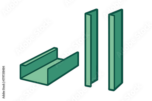 Set of green metal C-channel profiles for construction and industrial framework
