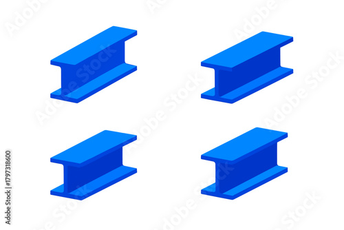 Set of four blue isometric I-beams representing structural steel components used in construction and engineering