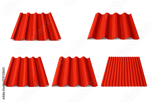 Collection of red corrugated metal roofing panels showcasing various profiles and textures