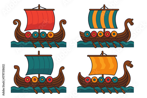 Four colorful Viking longships sailing on the ocean waves with shields and oars