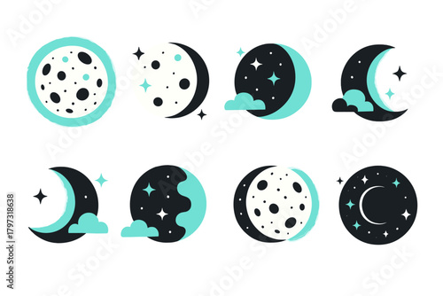 Minimalist set of celestial symbols showing different moon phases, starry night sky, and stylized clouds