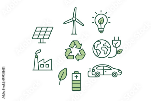 Outline icons set for renewable energy, ecology, and environmental protection