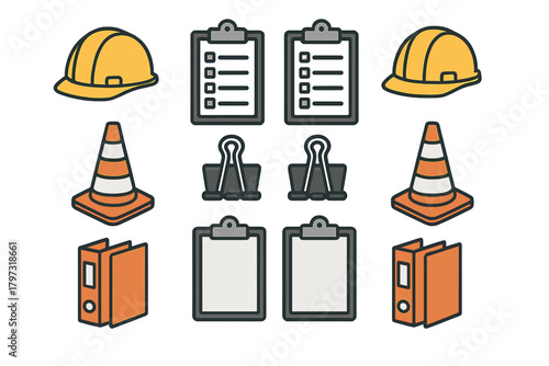 Essential collection of items and supplies used for construction site safety and workplace administration