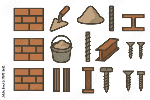 Essential construction materials and tools set including bricks, trowel, metal beams, and screws