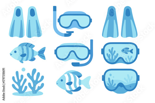 Scuba diving and snorkeling gear set with fins, mask, snorkel, and tropical fish