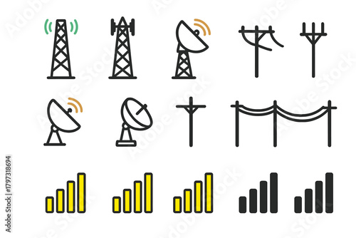 Telecommunication towers, satellite dishes, power lines, and wireless signal bars