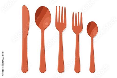 Contemporary matte orange flatware set including knife, two spoons, and two forks