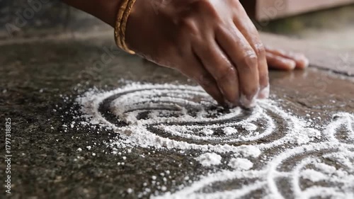 A woman's hand skillfully draws a traditional Indian Rangoli, an intricate Kolam design, with white powder on a stone floor.