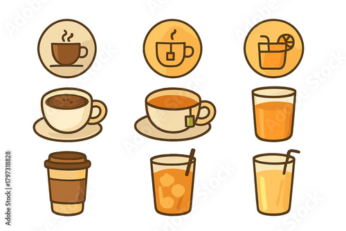 Assortment of hot and cold beverage icons including coffee, tea, juice, and soda