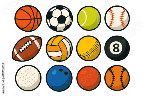 Collection of twelve different athletic game balls arranged in a grid pattern