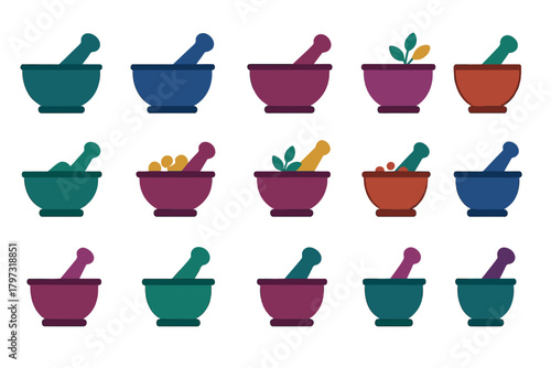 Colorful mortar and pestle icons set representing pharmacy and herbal medicine
