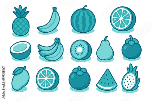 Stylized monochromatic icons of tropical and exotic fruits including pineapple banana and watermelon