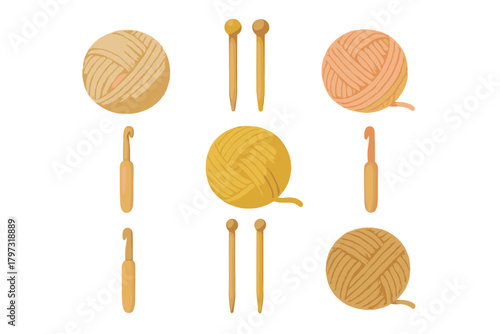 Collection of colorful yarn balls, crochet hooks, and knitting needles for crafting