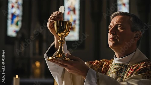 A priest holding a chalice and host during a religious ceremony. Man performing a catholic mass in church for worship.