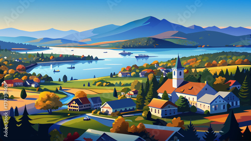 Very beautiful aerial panorama of Meredith in Belknap County, New Hampshire, showcasing the charming lakeside town, sparkling blue waters of Lake Winnipesaukee, forested shoreline, and a peaceful New 