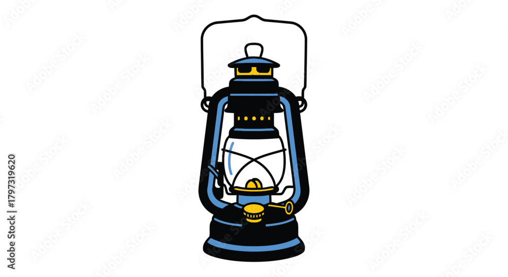 Fototapeta premium Vintage kerosene lantern illustration with blue and red color scheme