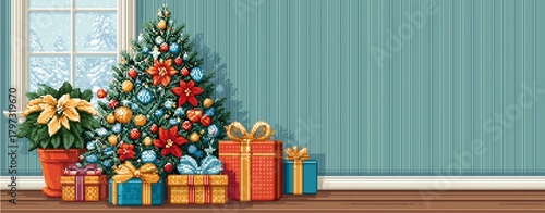 Pixel art Christmas decor with Pixel Art Christmas Tree with colorful gifts ,Christmas tree Pixel Art scene ,festive Pixel Art Christmas tree placed in the room with gift boxes for holiday background