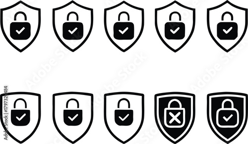 Security shield icons with lock and checkmark or cross symbols