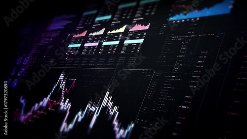 Futuristic financial trading dashboard motion background with glowing charts, analytics interface, stock market graphs, and real-time fintech data visualization design