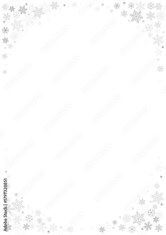 Fototapeta premium Christmas snowflakes corners background. Silver snow falling letter, backdrop, greeting card decoration.