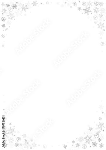 Christmas snowflakes corners background. Silver snow falling letter, backdrop, greeting card decoration.