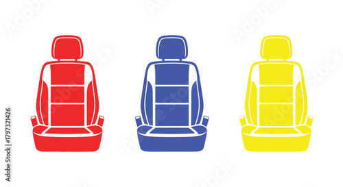 Three brightly colored car seats arranged in a row red blue and yellow