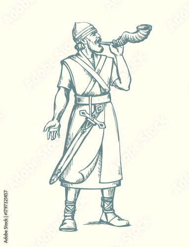 Vector drawing. Warrior with torch