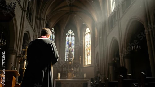 A man standing and bowing in a sunlit church, a concept of prayer and worship.