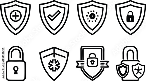 Security and protection icons set: shields, locks, and health symbols