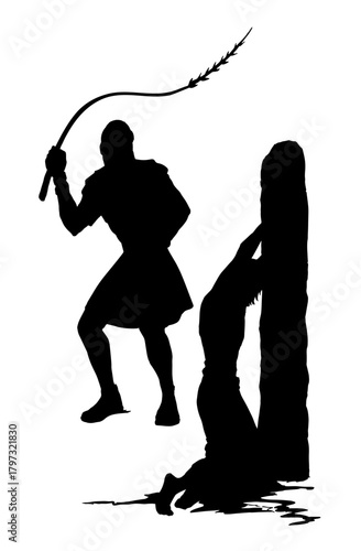 Vector drawing. Beaten man tied to a pole