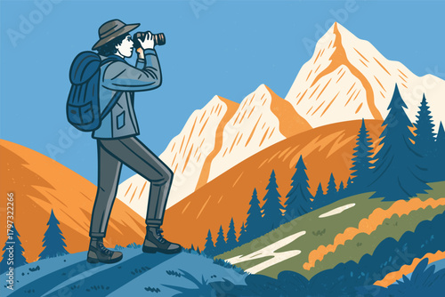 A lone traveler captures breathtaking mountain vistas with their camera, exploring remote, rugged terrain.