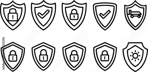 Shield icons with padlock, checkmark, truck and sun symbols
